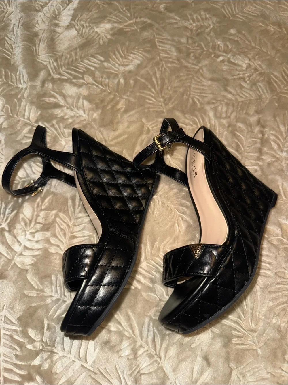 GUESS Black Quilted Platform Wedge Sandals with Ankle Strap